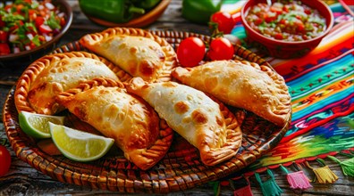 Tasty empanadas on a plate with colorful Mexican cloths as a background. National mexican food, AI
