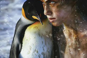 Interaction between a king penguin and a woman, AI generated