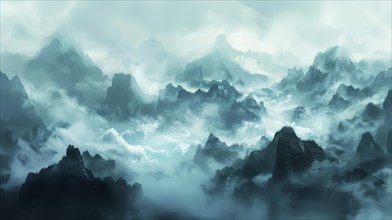 Ethereal blue mountains shrouded in mist and haze convey a serene and mysterious atmosphere, AI
