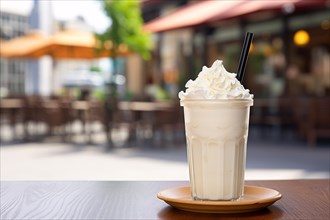 Vanilla milkshake with cream on outdoor restaurant table. KI generiert, generiert, AI generated