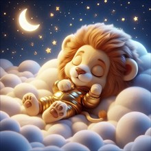 A slumbering lion cub in an astronaut outfit surrounded by clouds under a starry sky, AI generated