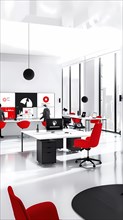 A dynamic modern office space with striking red and grayscale design promoting teamwork,