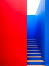 AI generated minimalist architectural shot of red and blue walls intersecting around a modern