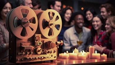 Retro reel-to-reel tape player at a social gathering with people and warm candle light, AI