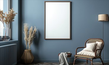 A blank image frame mockup on a slate blue wall AI generated