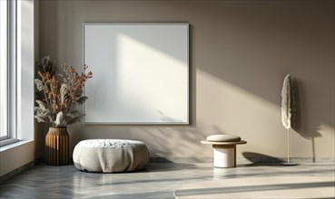 A blank image frame mockup on a soft taupe wall in a minimalistic modern interior room AI generated