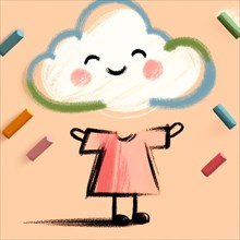 Cheerful smiling cloud with blush cheeks surrounded by crayons, AI generated