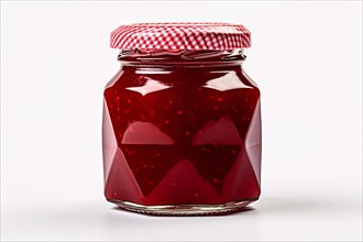 Jar with red jam or marmelade on white background. KI generiert, generiert, AI generated