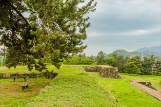 Remains of Japanese stone fortress and park benches in Suncheon, South Korea, Asia