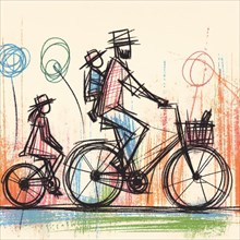 Simplified abstract sketch of a family riding a bicycle together, AI generated