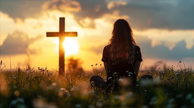 Devout faithful christian prays in front of the cross at a dramatic sunset with beautiful skies, AI
