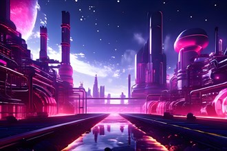 AI generated industrial futuristic landscape merging with ecopunk aesthetics in pink colors