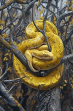 Stylized yellow tree snake wrapped around branches, AI generated