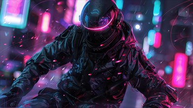 Rider in black gear with neon helmet highlights on a futuristic motorcycle in the rain, AI