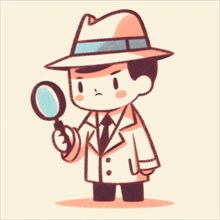 Cute cartoon detective character stands with a magnifying glass in hand, showcasing intelligence,