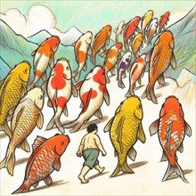 Imaginative artwork showing a person strolling with colossal, colorful fish floating in the air
