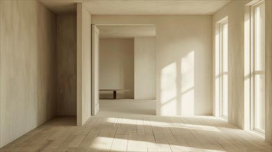 Modern empty space with sunlight shining through windows creating patterns on the wooden floor, AI