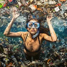 Woman dives energetically through a sea of plastic pollution, AI generated
