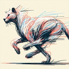A dynamic red and blue sketch of a cheetah running swiftly, AI generated