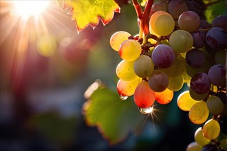 AI generated ripe grapes clinging to a vine sunlight dancing through the leaves accentuating their
