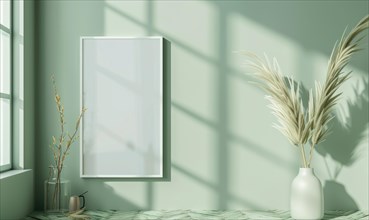 A blank image frame mockup on a soft sage green wall AI generated