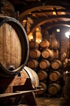 AI generated rustic wine cellar filled with wooden oak barrels
