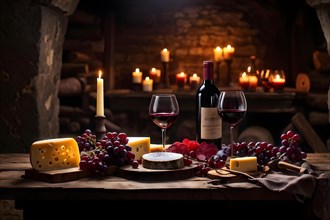AI generated cellar wine tasting setup featuring rustic wooden table supporting several glasses of