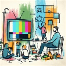 Colorful sketch of a family in a living room, children playing video games and a parent watching,
