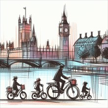Sketch of a river scene with cyclists, a bridge, and iconic buildings in the background, AI