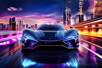 AI generated illustration of a futuristic Sports Car On Neon Highway with powerful acceleration