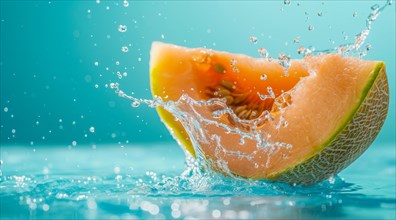 Fresh melon floating in water. A concept of vegetarian lifestyle and vegetarian diet, AI generated