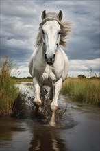 White horse running in the water, AI generated