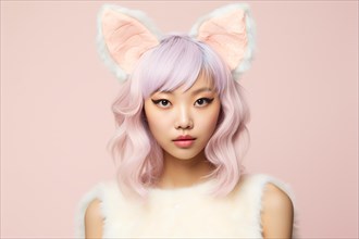 Asian woman with pastel colored hair and cat costume ears. KI generiert, generiert, AI generated