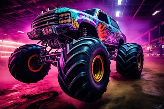 Monster truck with neon lighting, jumping off-road in cloud of dust. Excitement and thrill of an