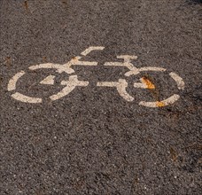 White bicycle painted on black pavement indicating road for bike use only in South Korea