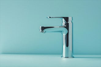 Water faucet tap on blue studio background. KI generiert, generiert, AI generated