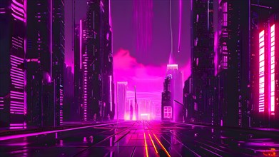 AI generated illustration of a cityscape with skyscrapers and holographic elements in pink color