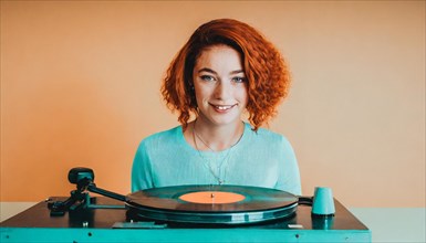 Woman with red hair smiling while DJing with a vinyl record on a retro turntable, AI generated