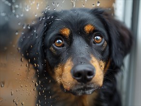 Bad weather, dog and cat looking sadly outside through a rainy window pane, AI generated