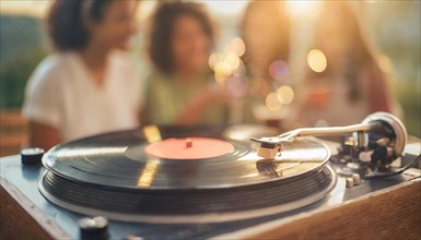 Friends enjoy drinks vinyl record playing together in cozy setting at sunset, bokeh effect ai