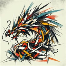 Colorful and dynamic abstract crayon sketch of an aggressive dragon, AI generated