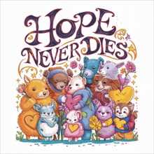 Illustration of cute animals with flowers and hearts around 'Hope Never Dies' text, AI generated