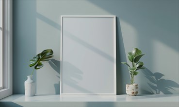 A blank image frame mockup on a pale gray-blue wall in a minimalistic modern interior room AI