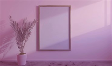 A blank image frame mockup on a soft lavender wall AI generated