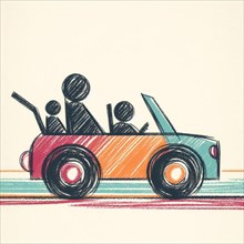 Colorful abstract drawing of people riding in a car, AI generated