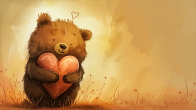 An adorable illustration of a bear hugging a large heart with a warm glow, AI generated
