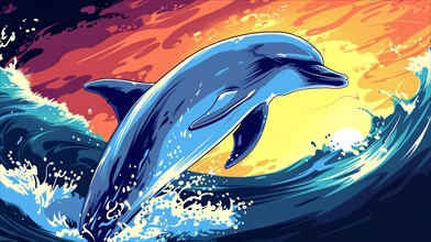 Vibrant illustration of a dolphin leaping out of ocean waves at sunset, AI generated