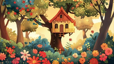 Serene treehouse bathed in soft sunset light, surrounded by flowers and warm, inviting forest hues,