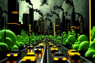 Dystopian cityscape with green lights highlighting pollution and industrialization, 3D,