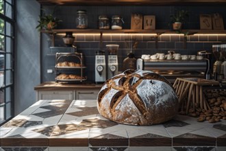 Artisan bread on a bakery counter with cozy and rustic vibes, AI generated